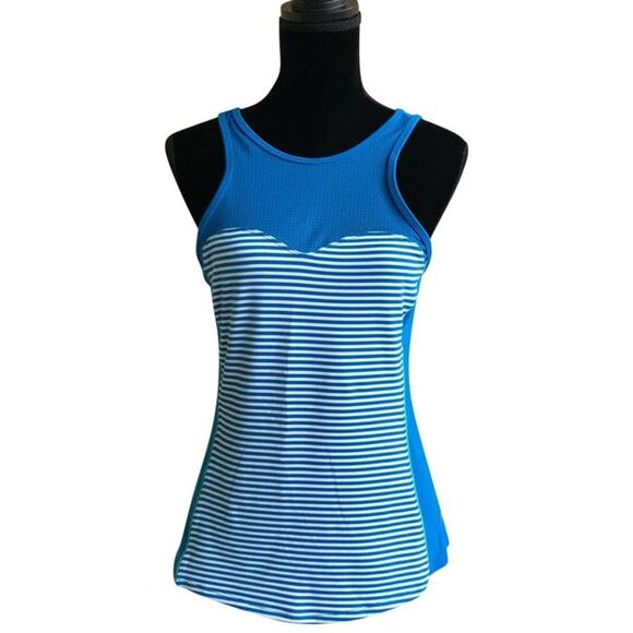 lucy Womens Tank Top Sz Large Be Strong Azul Stripe Striped Blue Athleisure NEW - Picture 3 of 7